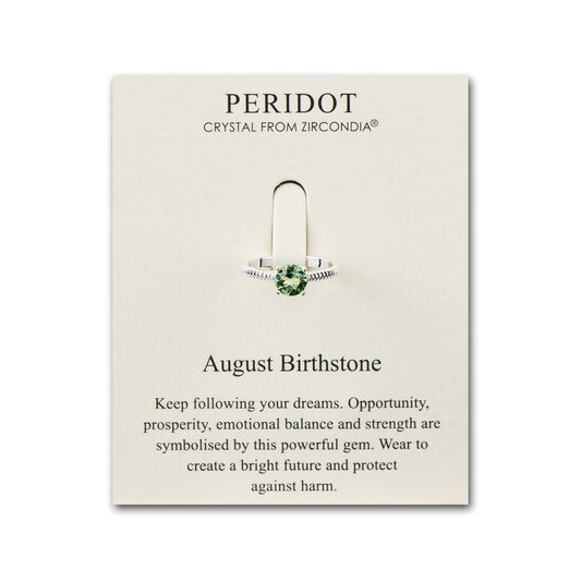 August (Peridot) Adjustable Birthstone Ring Created with Zircondia® Crystals