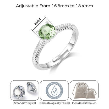 August (Peridot) Adjustable Birthstone Ring Created with Zircondia® Crystals