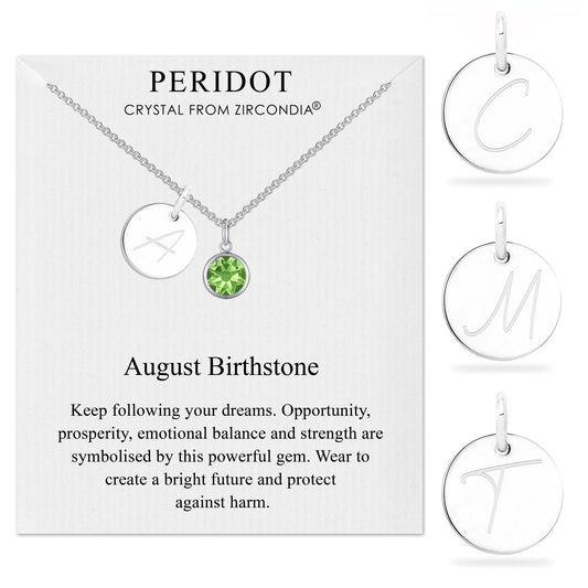 August (Peridot) Birthstone Necklace with Initial Charm (A to Z) Created with Zircondia® Crystals