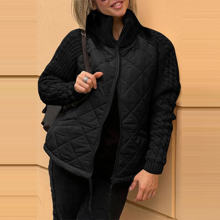Women's Stand Collar Cotton Jacket - Zip Up Winter Coat with Pockets