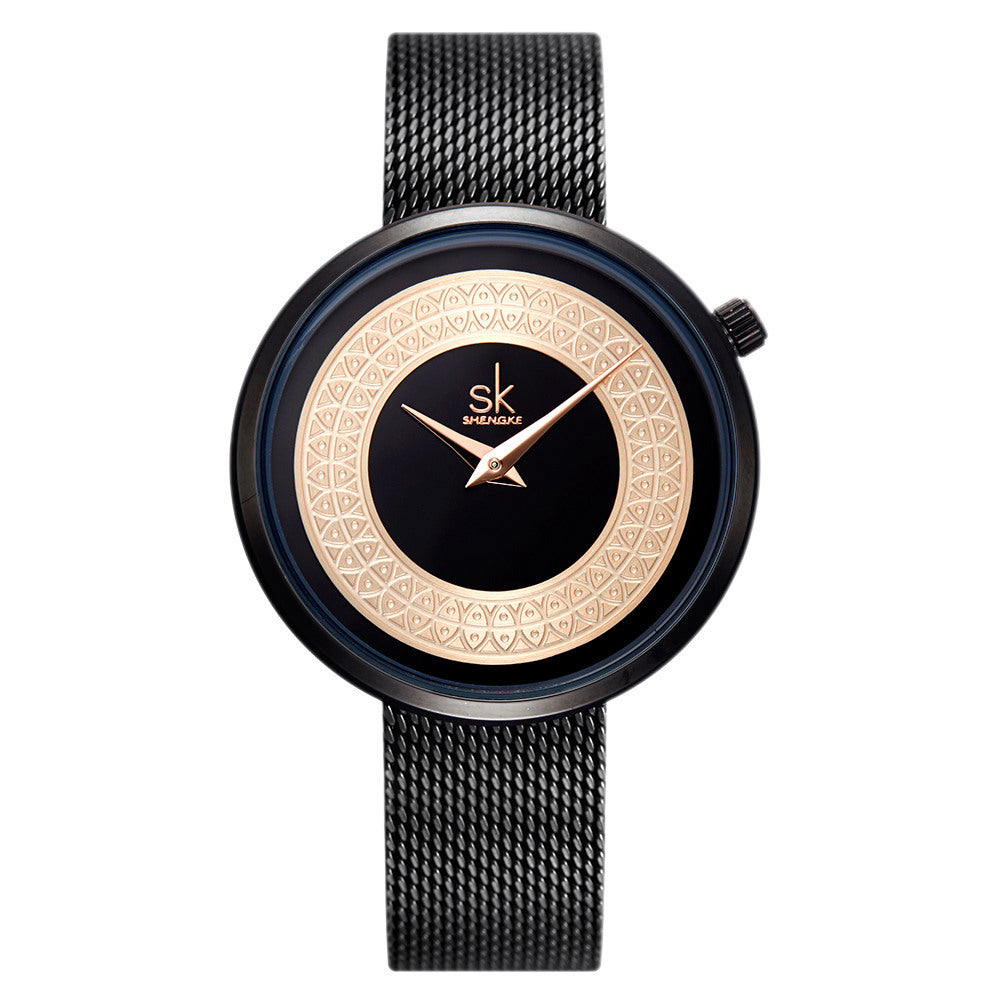 Shengke women's steel mesh waterproof quartz watch