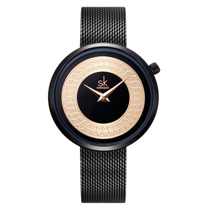 Shengke women's steel mesh waterproof quartz watch