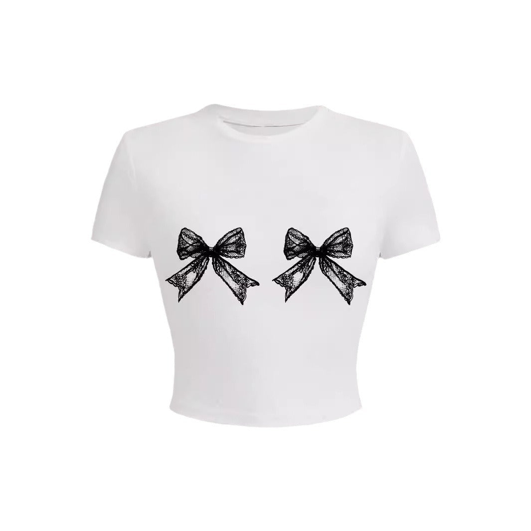 T-shirt décontracté simple à col rond avec nœud en dentelle imprimé à manches courtes