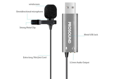 ProSound Lavalier USB-A Microphone Omnidirectional Electret Condenser with 3.5mm Audio Socket