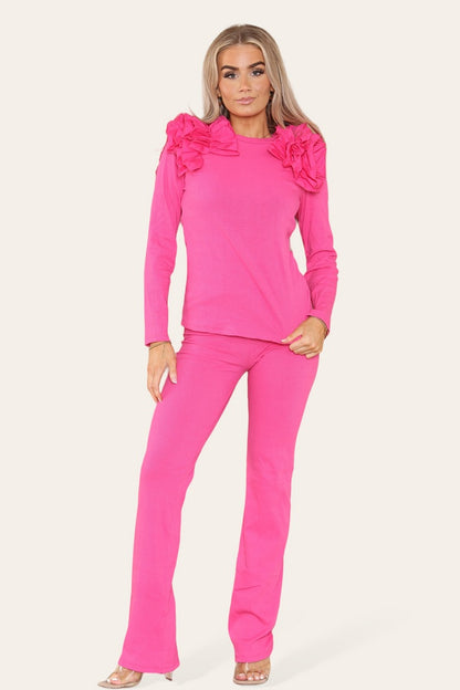 Ruffle Frill Shoulder Ribbed Loungewear Set