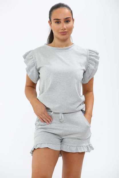 Ensemble Haut à Manches Volants Peplum & Short pour Femme – Tenue de Survêtement Décontractée 2 Pièces