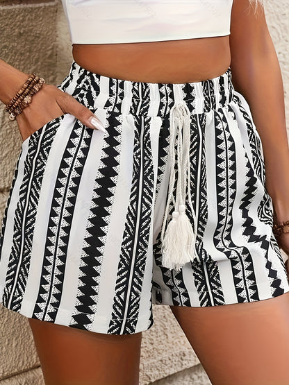 Shorts à rayures noires et blanches avec franges pour femme - Shorts d'été décontractés