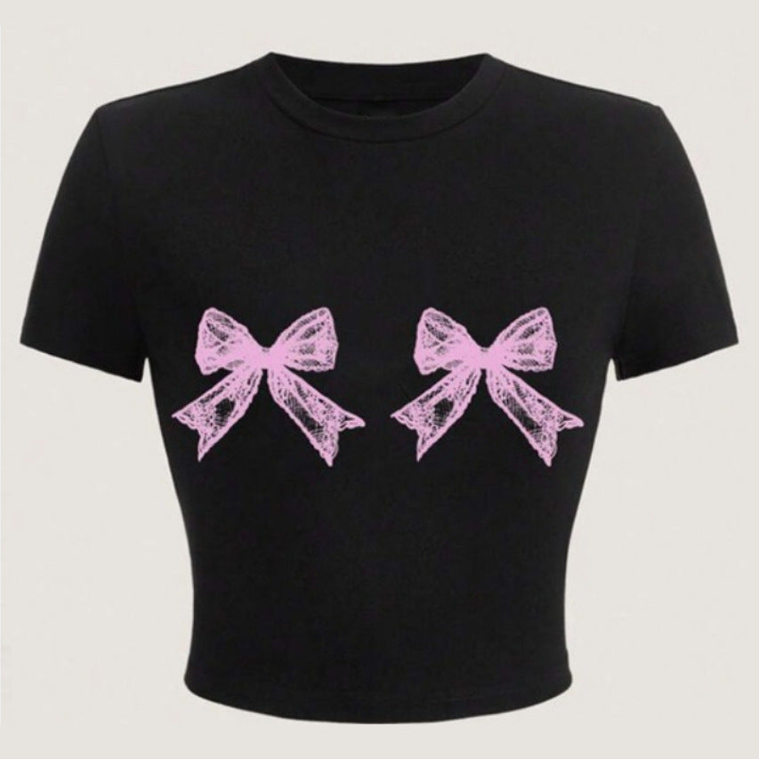 T-shirt décontracté simple à col rond avec nœud en dentelle imprimé à manches courtes