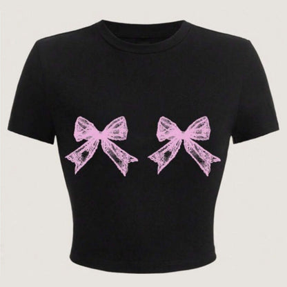 T-shirt décontracté simple à col rond avec nœud en dentelle imprimé à manches courtes