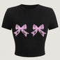 T-shirt décontracté simple à col rond avec nœud en dentelle imprimé à manches courtes