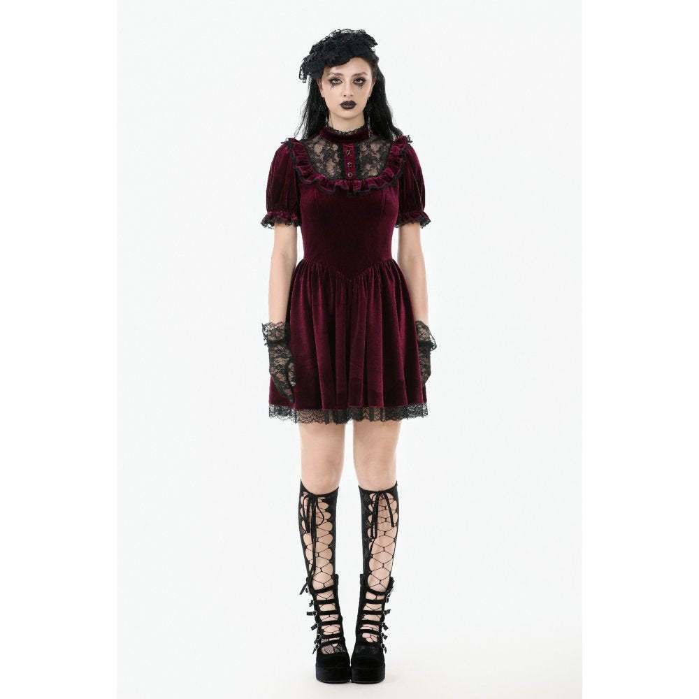 Robe Gothique en Velours Bordeaux à Col en Dentelle Ophelia Dark in Love