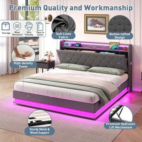 Cadre de lit capitonné King size 150cm avec rangement hydraulique, tête de lit capitonnée LED avec station de recharge et rangement de tête de lit dissimulé, ports USB et Type-C, lin, gris