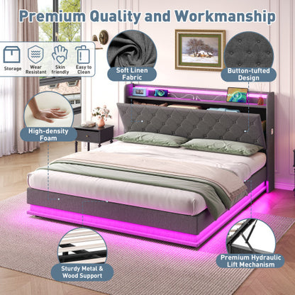 Cadre de lit capitonné King size 150cm avec rangement hydraulique, tête de lit capitonnée LED avec station de recharge et rangement de tête de lit dissimulé, ports USB et Type-C, lin, gris