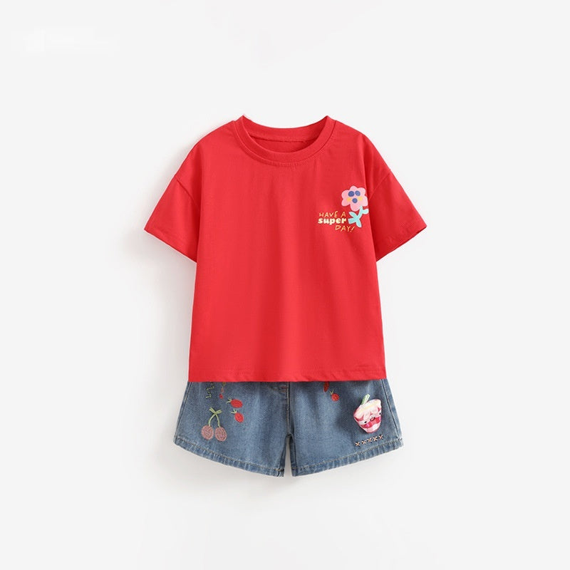 Girls Cartoon T-Shirt & Denim Shorts Set