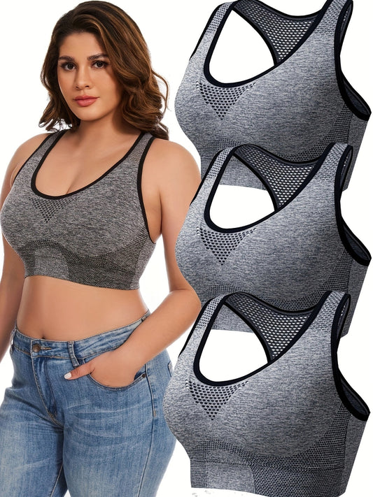 3 soutiens-gorge de sport grande taille à maintien léger, mélange de polyamide, motif maille ajourée – Vêtements décontractés pour femmes