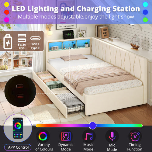 3ft Single Daybed With Two Storage Drawers, LED Modern Bed Frame With Charging Station, Linen Sofa Bed For Living Room Bedroom Study Room, 90X190cm, Easy Assembly, Beige