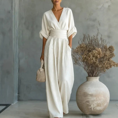 Women's V-Neck Wide-Leg Pleated Jumpsuit