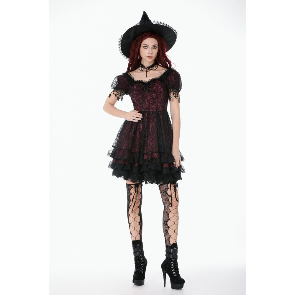 Dark in Love Red Black Lace Princess Dress with Stars Lace