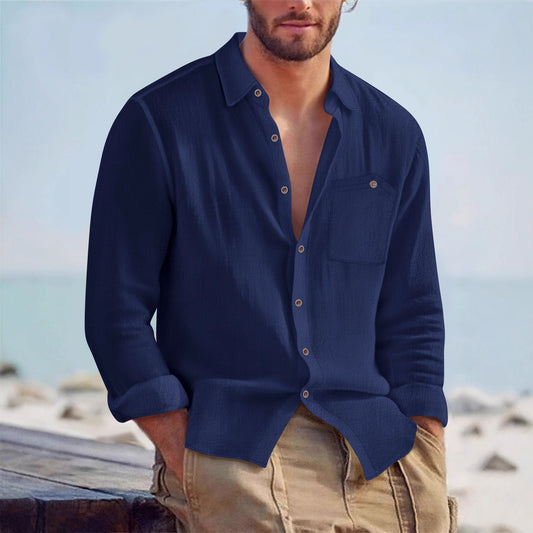 Chemise cardigan ample en lin unie à revers pour homme