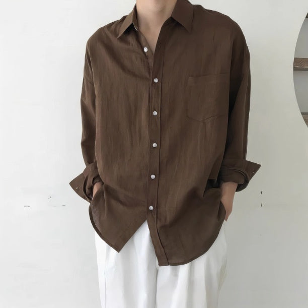 Solid-color Casual All-match Button-up Top For Men