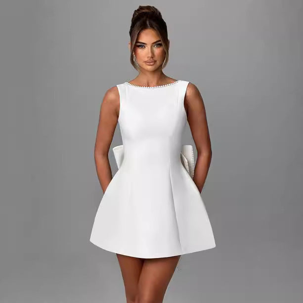 Big-Bowed Pearls Backless Dress
