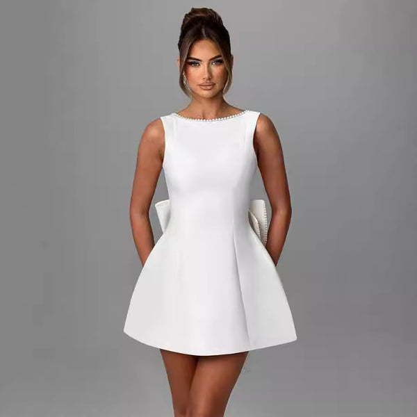 Big-Bowed Pearls Backless Dress
