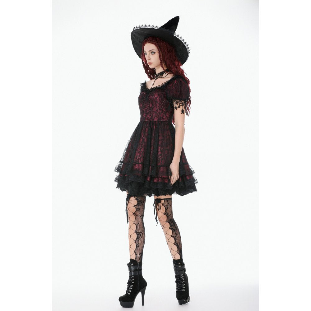 Dark in Love Red Black Lace Princess Dress with Stars Lace