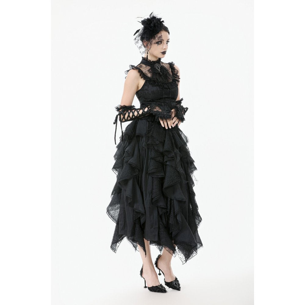 Dark in Love Morrigan Ruffled Goth Midi Skirt in Black