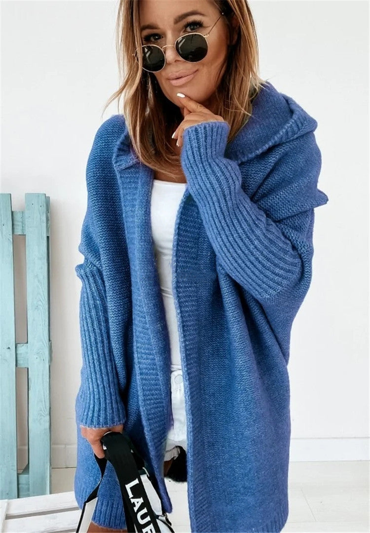 Women's Hooded Cardigan - Loose Knit Batwing Sleeve Sweater