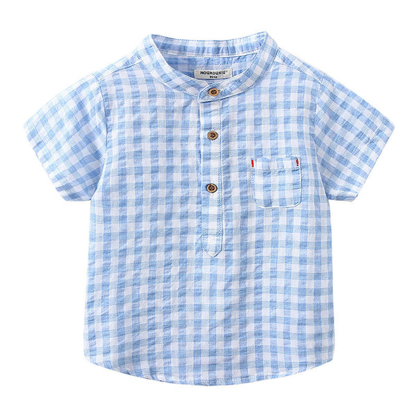 Children's Cotton Blue Short-sleeved Shirt Fashion Casual Short-sleeved Plaid Shirt - Stuffs & Savers