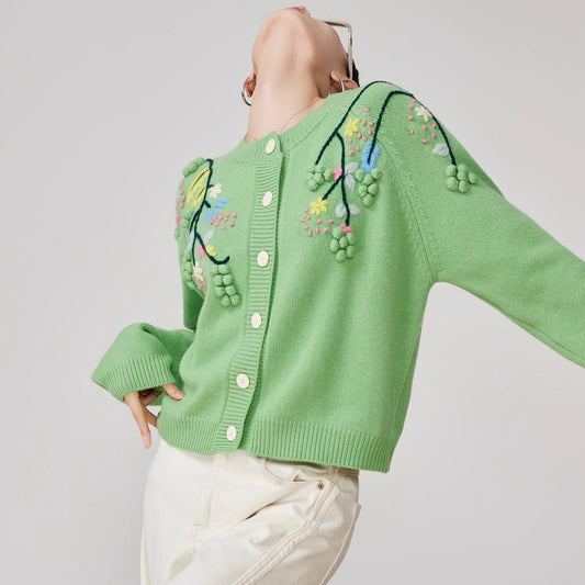 3DEmbroidered Round Neck Knitted Cardigan