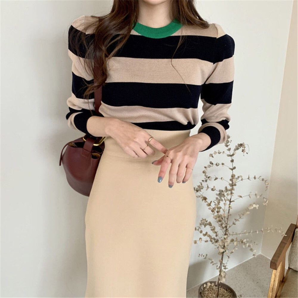 Retro Outer Wear Pullover Horizontal Striped Sweater Women - Stuffs & Savers