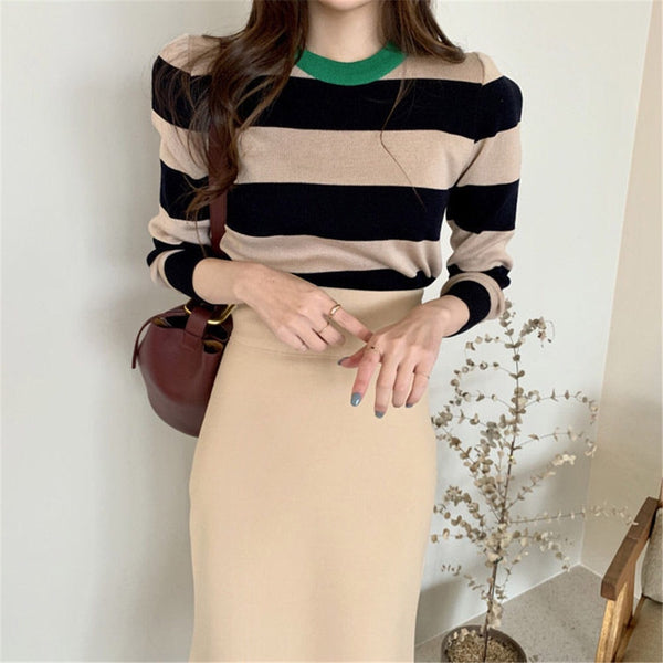 Retro Outer Wear Pullover Horizontal Striped Sweater Women - Stuffs & Savers