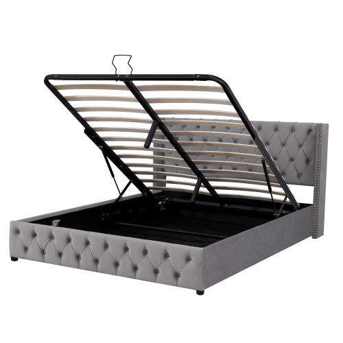 Upholstered Bed, With Hydraulic Lever, Functional Bed From Storage, 150 X 200 Cm, Without Mattress, Velvet, Gray