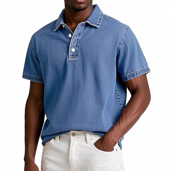 Men's Solid Colour Vintage Lapel Polo Shirt - Short Sleeve