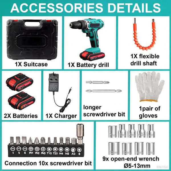 21V Cordless Drill Kit with 2 Batteries