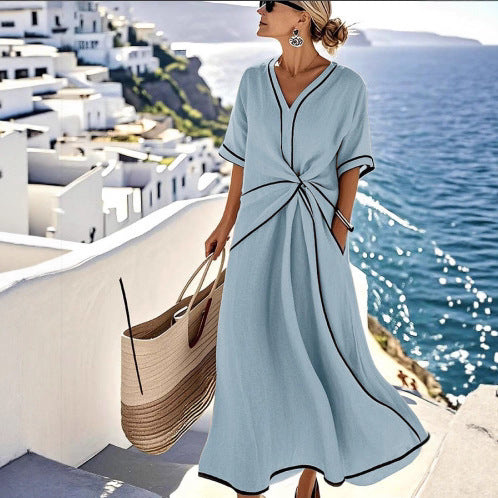 Loose Striped Short-Sleeve Maxi Dress
