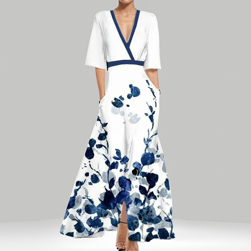 Womens Print Half-sleeve V-neck Dress
