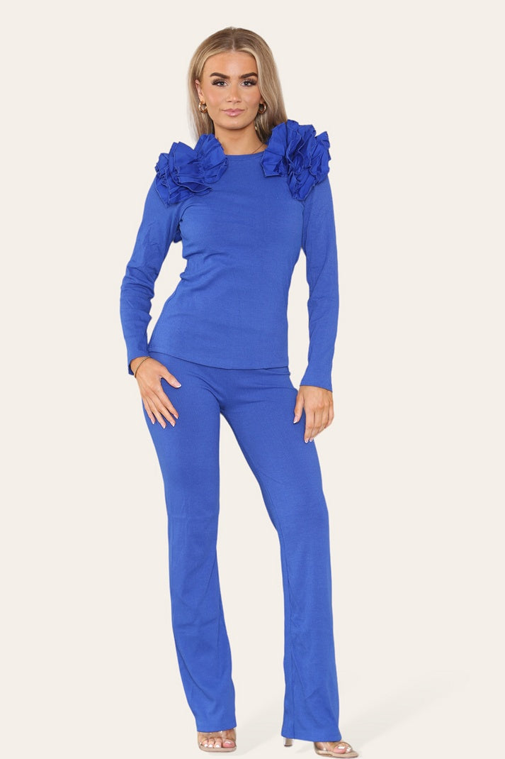 Ruffle Frill Shoulder Ribbed Loungewear Set