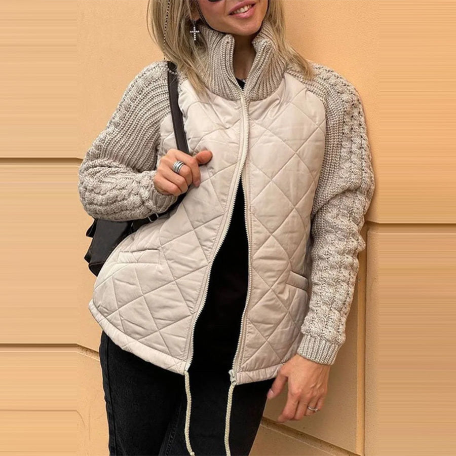 Women's Stand Collar Cotton Jacket - Zip Up Winter Coat with Pockets