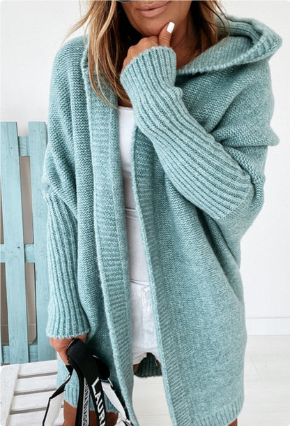 Women's Hooded Cardigan - Loose Knit Batwing Sleeve Sweater