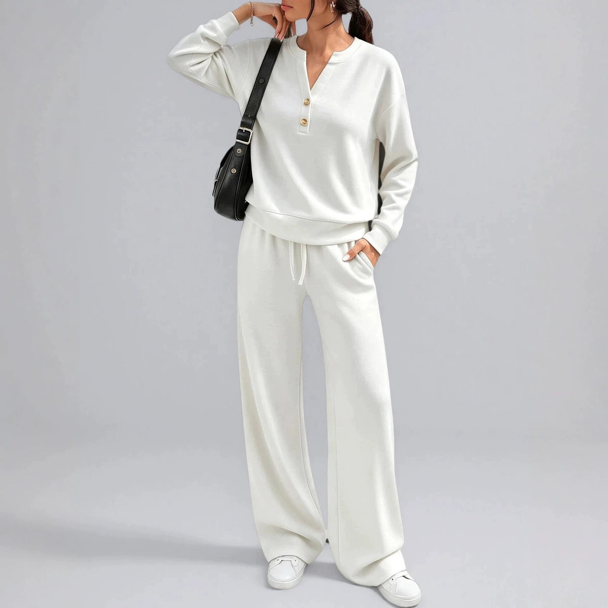 Loose long sleeve top and wide leg pants two piece set - view 5