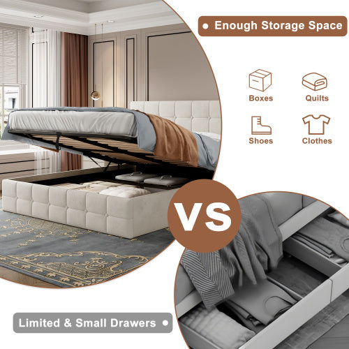 4ft6 Double Upholstered Storage Bed Frame, Velvet Ottoman Bed With Hydraulic Storage, Double Bed With Adjustable Button Tufted Headboard, Metal-Wood Support, No Mattress, Beige