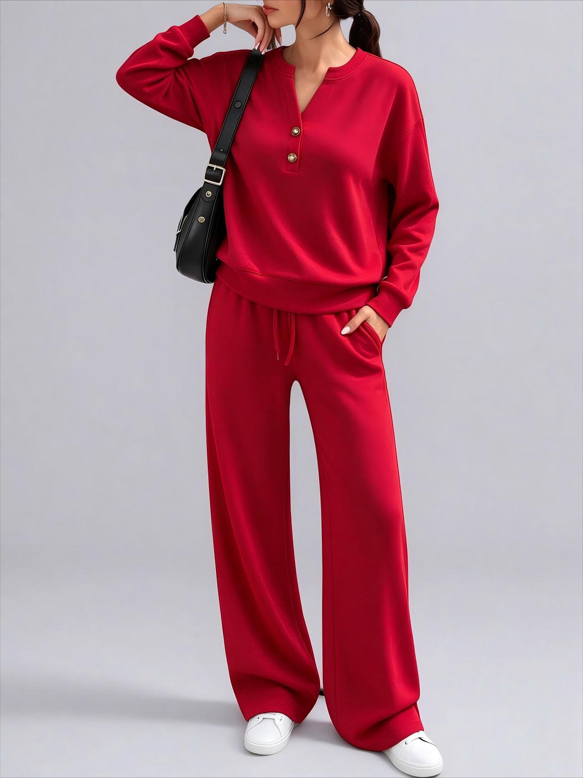 Loose long sleeve top and wide leg pants two piece set - view 4