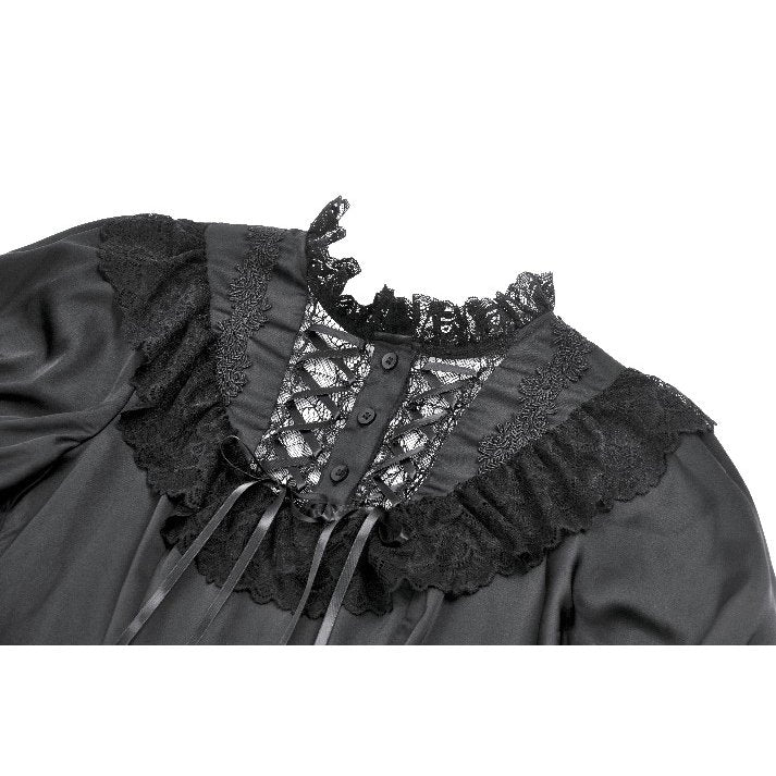 Robe Gothique Noire Dark in Love Belladonna à Manches Bouffantes et Col Montant Lacé