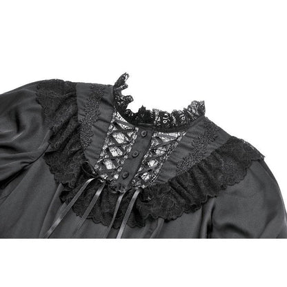 Robe Gothique Noire Dark in Love Belladonna à Manches Bouffantes et Col Montant Lacé