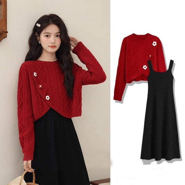 Knitwear With Suspenders Two-piece Set
