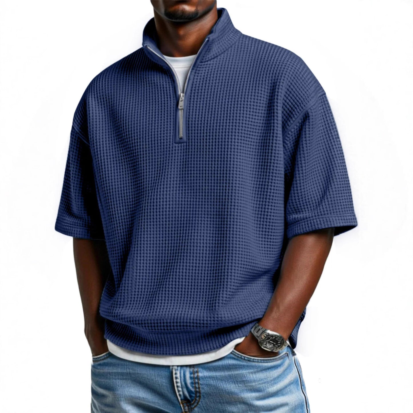 Men's Waffle Knit Half-Zip Polo Shirt - Short Sleeve