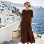 Button-embellished Pleated-pocket Mid-length Dress