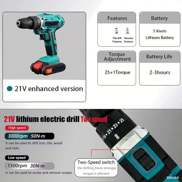 21V Cordless Drill Kit with 2 Batteries